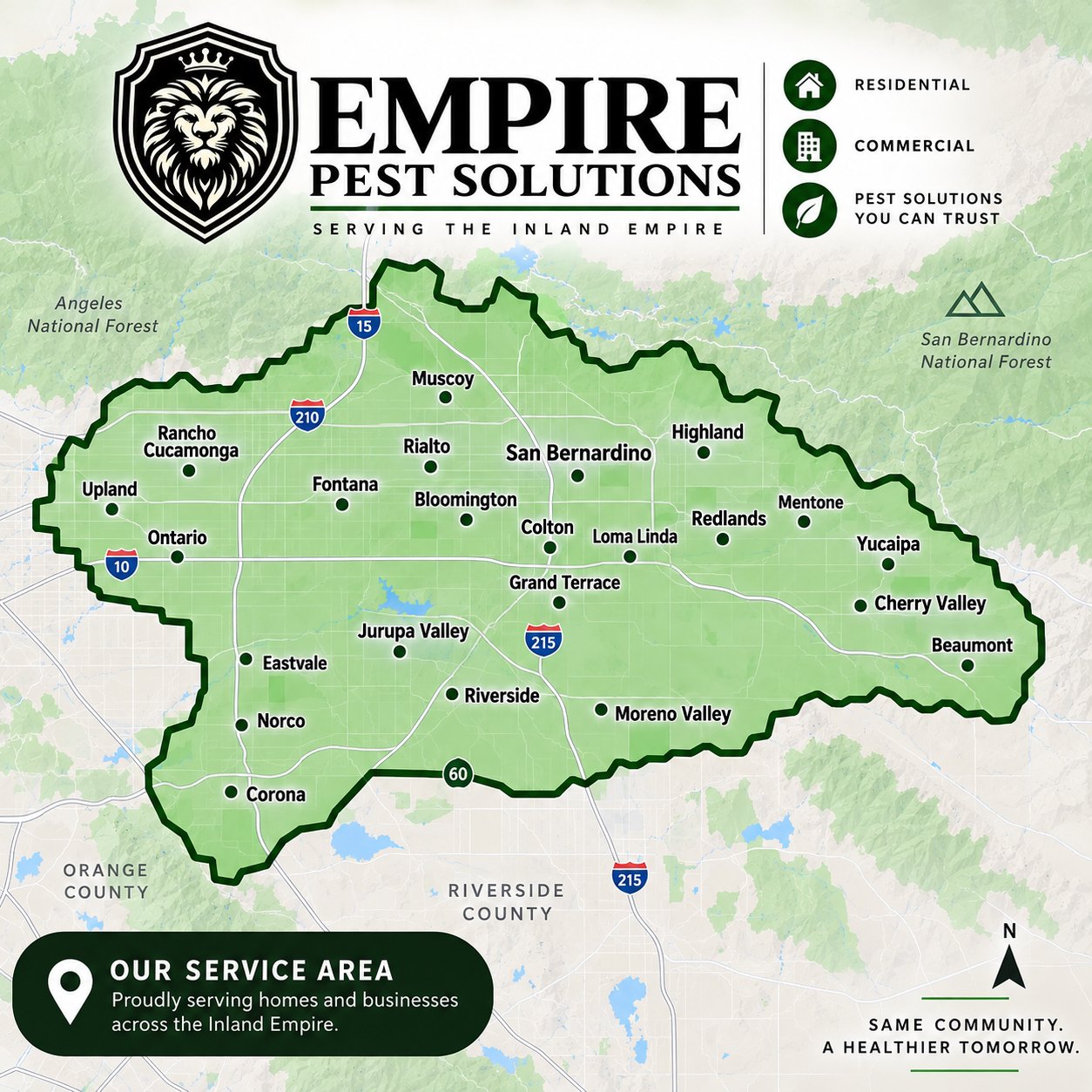 Empire Pest Solutions service area map covering San Bernardino and Riverside Counties